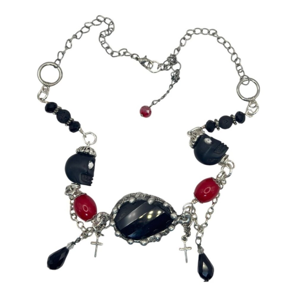 Dark Romance Gothic Necklace: Faceted Black Onyx Pendant w Skull & Cross Charms - Picture 8 of 13